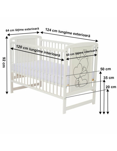 BN-QMTIMH01AL,Qmini - Patut din lemn Timmi Heart 120x60 cm, Din lemn de pin si mdf, Stabil si rezistent, Inaltime saltea reglabi