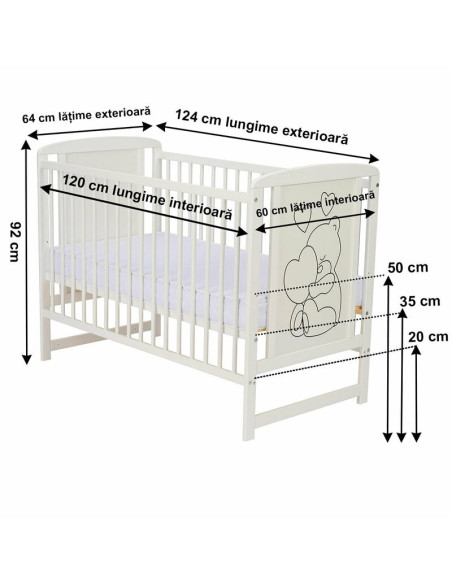 BN-QMTIMH01AL,Qmini - Patut din lemn Timmi Heart 120x60 cm, Din lemn de pin si mdf, Stabil si rezistent, Inaltime saltea reglabi