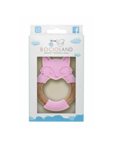 BN-BOC0520,Bocioland - Jucarie de dentitie din silicon si lemn, Usor de prins, Bpa Free, Vulpe, Roz