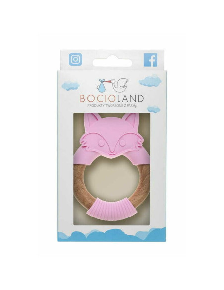 BN-BOC0520,Bocioland - Jucarie de dentitie din silicon si lemn, Usor de prins, Bpa Free, Vulpe, Roz