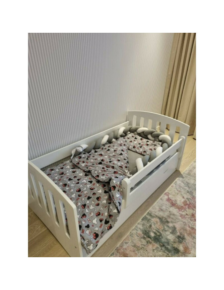 BN-YappyLux_white,Patut junior cu sertar compartimentat YappyLux din lemn, Cu laterala de protectie, YappyKids, 160x80 cm, Alb