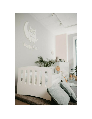 BN-YappyLux_white,Patut junior cu sertar compartimentat YappyLux din lemn, Cu laterala de protectie, YappyKids, 160x80 cm, Alb