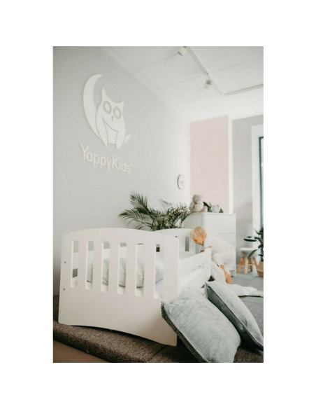 BN-YappyLux_white,Patut junior cu sertar compartimentat YappyLux din lemn, Cu laterala de protectie, YappyKids, 160x80 cm, Alb