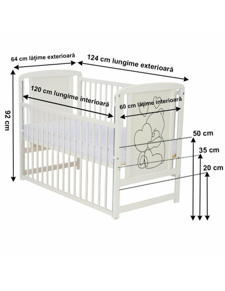 BN-QMTIMH10CM03AL,Qmini - Patut din lemn Timmi Heart 120x60 cm, Cu laterala culisanta, Din lemn de pin si mdf, Stabil si reziste