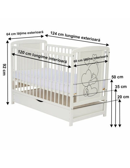 BN-QMTIMH8CM02AL,Qmini - Patut din lemn Timmi Heart 120x60 cm, Cu sertar, Din lemn de pin si mdf, Stabil si rezistent, Inaltime 