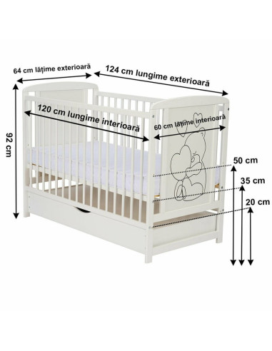 BN-QMTIMH12CM02AL,Qmini - Patut din lemn Timmi Heart 120x60 cm, Cu sertar, Din lemn de pin si mdf, Stabil si rezistent, Inaltime