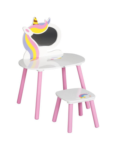 BN-40420,Set de toaleta pentru copii, Unicorn, Cu masuta si scaun din lemn, FreeON, White/Pink
