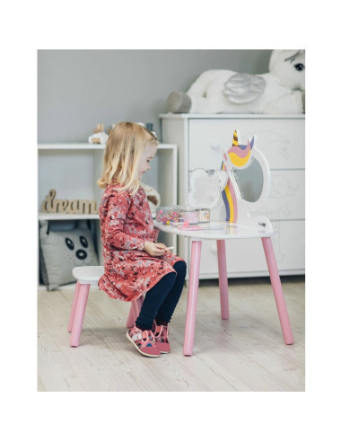 BN-40420,Set de toaleta pentru copii, Unicorn, Cu masuta si scaun din lemn, FreeON, White/Pink