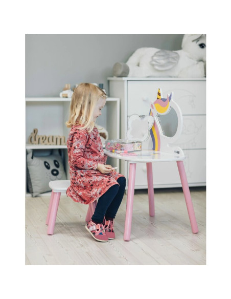 BN-40420,Set de toaleta pentru copii, Unicorn, Cu masuta si scaun din lemn, FreeON, White/Pink