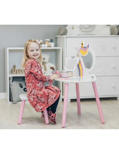 BN-40420,Set de toaleta pentru copii, Unicorn, Cu masuta si scaun din lemn, FreeON, White/Pink