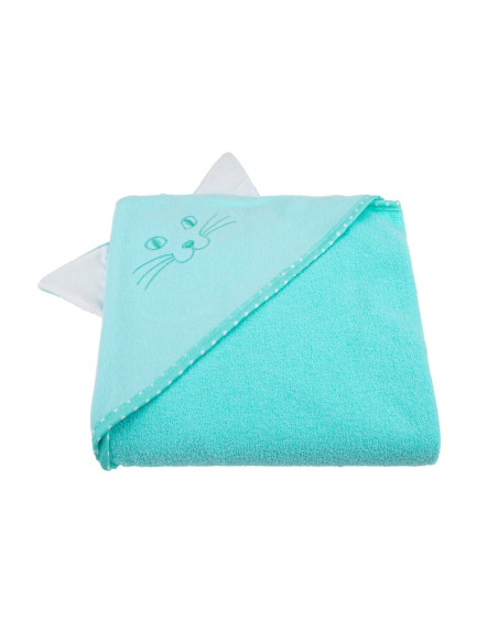 BN-BOC0120,Qmini - Prosop cu gluga cu urechi, Din bumbac, Dimensiune mare 80x80 cm, Aqua Cat