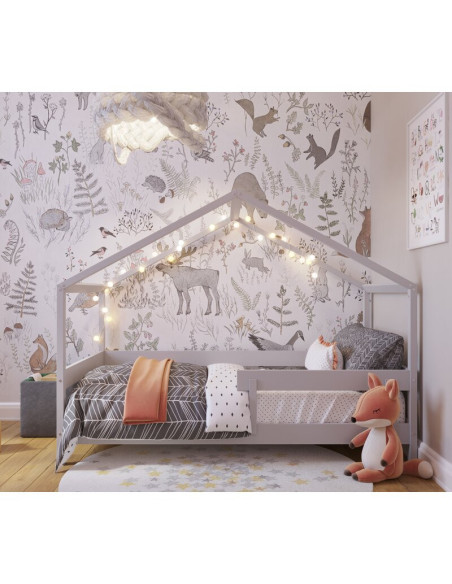 BN-YAPPYHYTTE_GREY,Patut tip casuta YappyHytte Bed din lemn certificat FSC, Transformabil in casuta de joaca, Cu bariera de prot