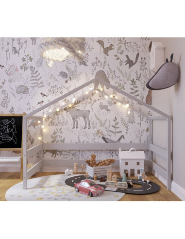 BN-YAPPYHYTTE_GREY,Patut tip casuta YappyHytte Bed din lemn certificat FSC, Transformabil in casuta de joaca, Cu bariera de prot