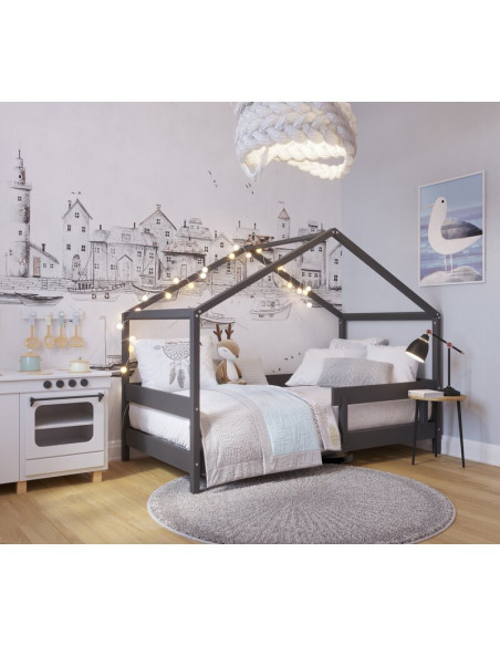 BN-YAPPYHYTTE_ANTHRACITE,Patut tip casuta YappyHytte Bed din lemn certificat FSC, Transformabil in casuta de joaca, Cu bariera d