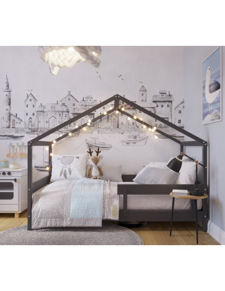 BN-YAPPYHYTTE_ANTHRACITE,Patut tip casuta YappyHytte Bed din lemn certificat FSC, Transformabil in casuta de joaca, Cu bariera d