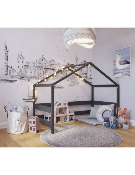 BN-YAPPYHYTTE_ANTHRACITE,Patut tip casuta YappyHytte Bed din lemn certificat FSC, Transformabil in casuta de joaca, Cu bariera d