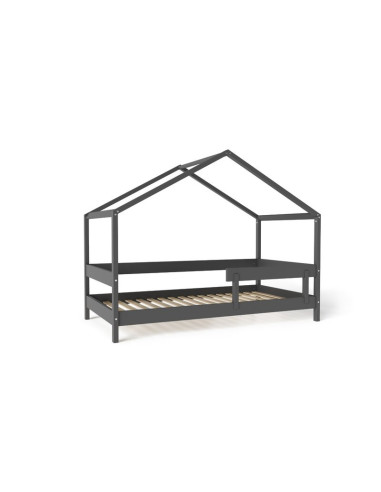 BN-YAPPYHYTTE_ANTHRACITE,Patut tip casuta YappyHytte Bed din lemn certificat FSC, Transformabil in casuta de joaca, Cu bariera d