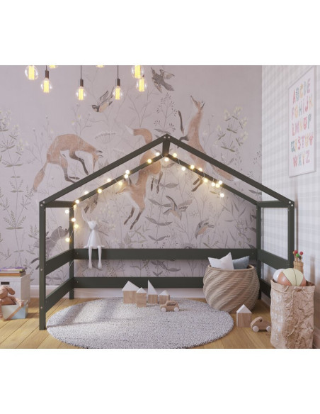 BN-YAPPYHYTTE_GREEN,Patut tip casuta YappyHytte Bed din lemn certificat FSC, Transformabil in casuta de joaca, Cu bariera de pro