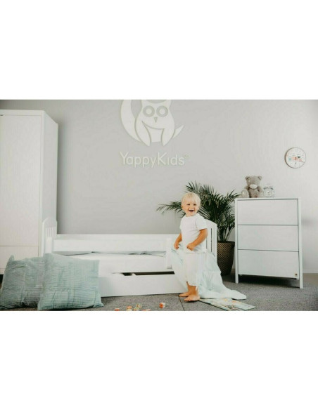 BN-YAPPYLUX+MINI_WHITE,Pachet Patut junior cu sertar compartimentat YappyLux din lemn si Comoda de infasat YappyMini din lemn, A