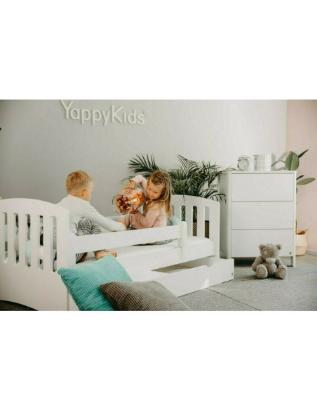 BN-YAPPYLUX+MINI_WHITE,Pachet Patut junior cu sertar compartimentat YappyLux din lemn si Comoda de infasat YappyMini din lemn, A