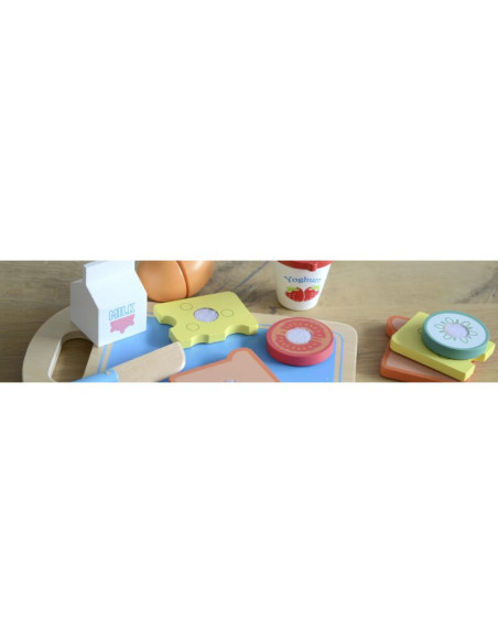BN-80084,Joueco - Jucarie din lemn certificat FSC, Set de mic dejun cu prindere arici velcro, 13 piese, 3 ani +, Multicolor