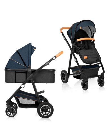 BN-LO-AMBER_2IN1_BLUE_NAVY,Lionelo - Carucior Amber, 2 in 1, Cadru aluminiu, Cu landou intarit si salteluta moale, Reversibil, M