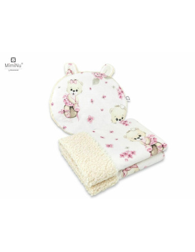 BN-6426972017336,MimiNu - Set paturica calduroasa 70x100 cm si perna ergonomica Ursulet 33x27 cm, Cu doua fete si urechi, Din te