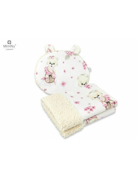 BN-6426972017336,MimiNu - Set paturica calduroasa 70x100 cm si perna ergonomica Ursulet 33x27 cm, Cu doua fete si urechi, Din te