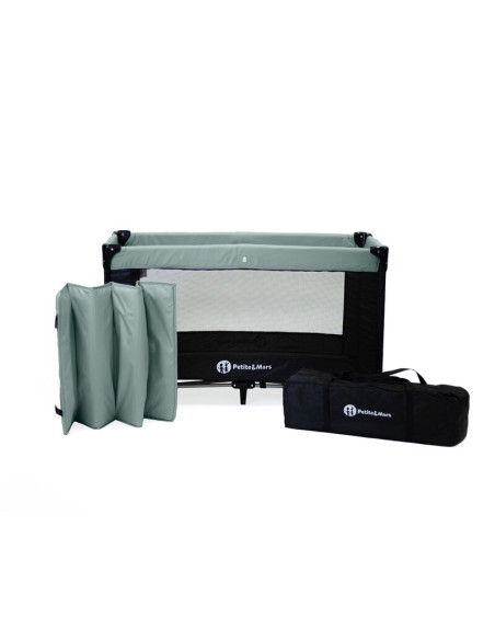 BN-921973,Petite&Mars - Patut pliant cu doua nivele, Cu intrare laterala cu fermoar, 2 roti, 120x60 cm, Iron Green