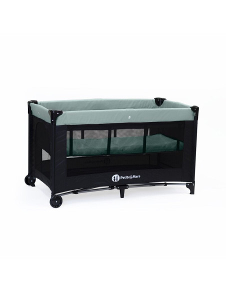 BN-921973,Petite&Mars - Patut pliant cu doua nivele, Cu intrare laterala cu fermoar, 2 roti, 120x60 cm, Iron Green