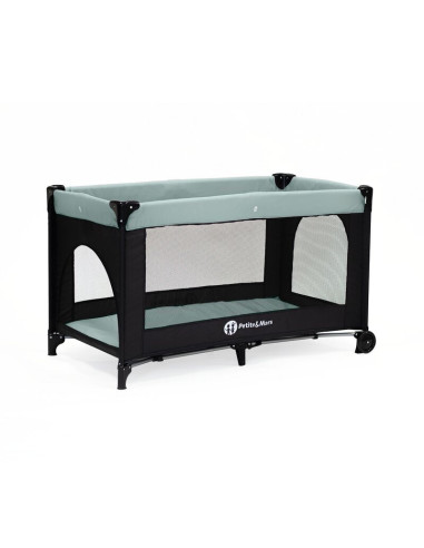 BN-921973,Petite&Mars - Patut pliant cu doua nivele, Cu intrare laterala cu fermoar, 2 roti, 120x60 cm, Iron Green