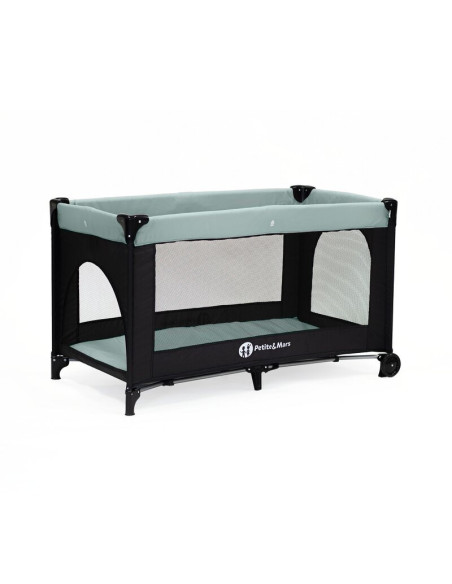 BN-921973,Petite&Mars - Patut pliant cu doua nivele, Cu intrare laterala cu fermoar, 2 roti, 120x60 cm, Iron Green