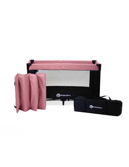 BN-921974,Petite&Mars - Patut pliant cu doua nivele, Cu intrare laterala cu fermoar, 2 roti, 120x60 cm, Rose Pink