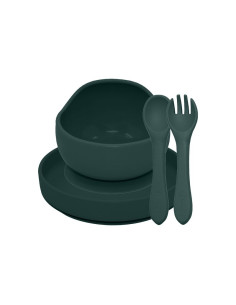 BN-PachetMasaVerde_1,Petite&Mars - Set de hranire, Cu farfurie, Bol si tacamuri, Din silicon fara BFA, Verde inchis 2