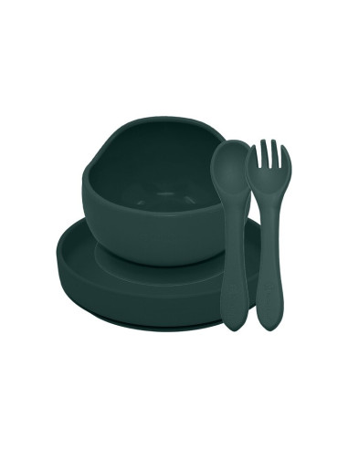 BN-PachetMasaVerde_1,Petite&Mars - Set de hranire, Cu farfurie, Bol si tacamuri, Din silicon fara BFA, Verde inchis