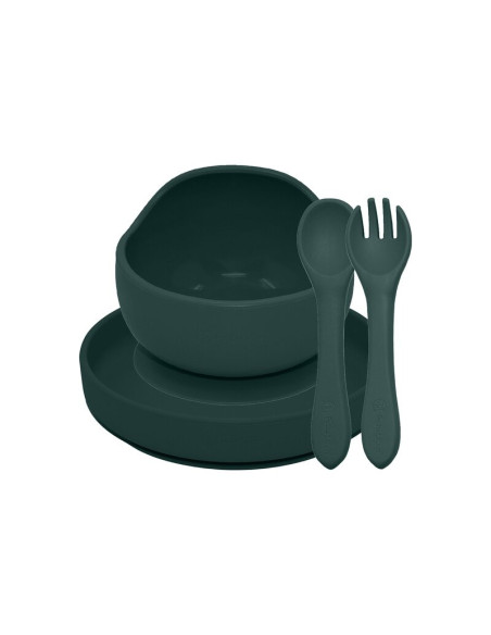 BN-PachetMasaVerde_1,Petite&Mars - Set de hranire, Cu farfurie, Bol si tacamuri, Din silicon fara BFA, Verde inchis