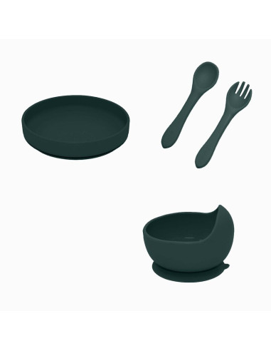 BN-PachetMasaVerde_1,Petite&Mars - Set de hranire, Cu farfurie, Bol si tacamuri, Din silicon fara BFA, Verde inchis
