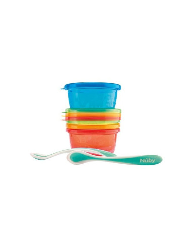 BN-NV0501004,Nuby - Set de masa, 300 ml, 3 luni+, Cu 4 recipiente, 4 capace, 2 linguri, Multicolor