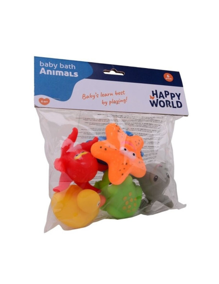 BN-22274,Happy World - Set jucarii de baie din cauciuc, 6 buc, 6 luni+, Multicolor