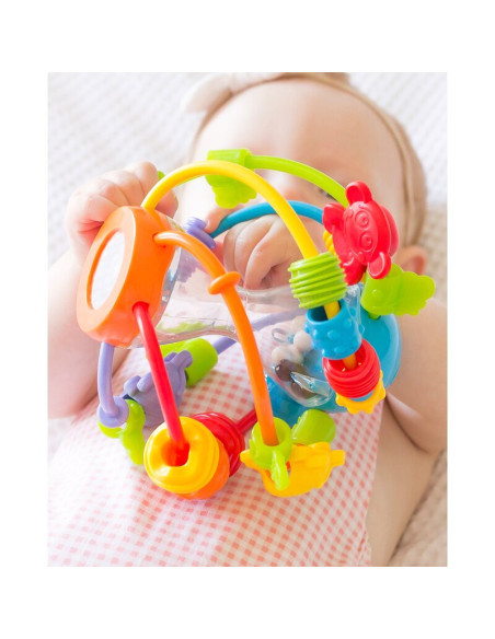 BN-64180,Minge cu activitati pentru bebelusi, Cu margele de dentitie, Cu oglinda, Play And Learn Ball, 14 Cm, Playgro