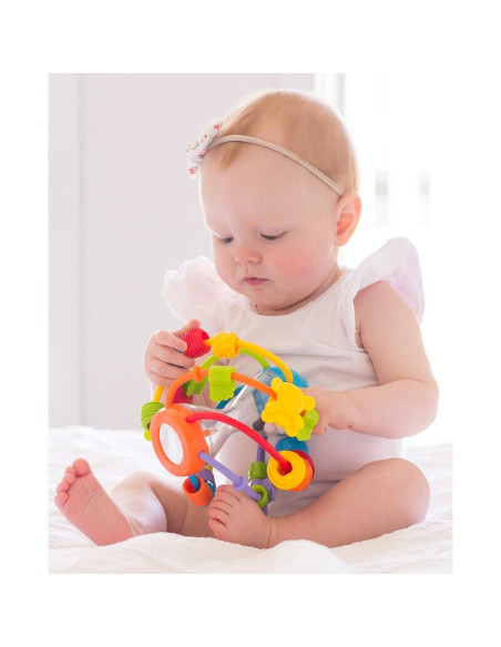 BN-64180,Minge cu activitati pentru bebelusi, Cu margele de dentitie, Cu oglinda, Play And Learn Ball, 14 Cm, Playgro