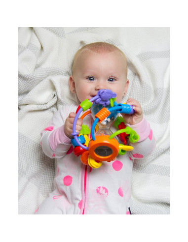 BN-64180,Minge cu activitati pentru bebelusi, Cu margele de dentitie, Cu oglinda, Play And Learn Ball, 14 Cm, Playgro