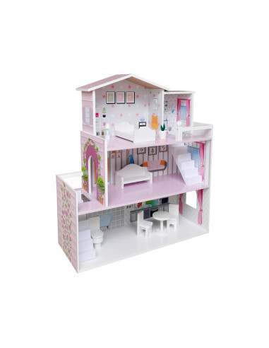 BN-47290,Casuta de papusi din lemn, Dimensiune mare 70 x 24 x 70 cm, Construita pe 3 niveluri cu 3 camere, Accesorizata cu mobil
