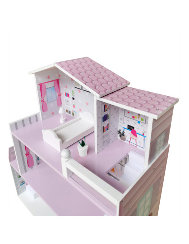 BN-47290,Casuta de papusi din lemn, Dimensiune mare 70 x 24 x 70 cm, Construita pe 3 niveluri cu 3 camere, Accesorizata cu mobil