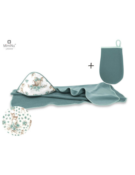 BN-5907501457669,MimiNu - Set prosop mare cu gluga, Dimensiune 100x100 cm + Manusa de baie bebelusi, 12x21 cm, Materiale certifi