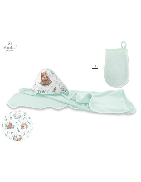 BN-5907501449145,MimiNu - Set prosop mare cu gluga, Dimensiune 100x100 cm + Manusa de baie bebelusi, 12x21 cm, Materiale certifi