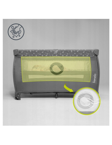 BN-LO-STEFI_PLUS_GREY_WHITE,Lionelo - Patut pliant cu doua nivele, Stefi Plus, Cu intrare laterala cu fermoar, 2 roti, 120x60 cm
