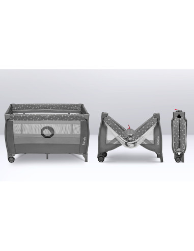 BN-LO-STEFI_PLUS_GREY_WHITE,Lionelo - Patut pliant cu doua nivele, Stefi Plus, Cu intrare laterala cu fermoar, 2 roti, 120x60 cm