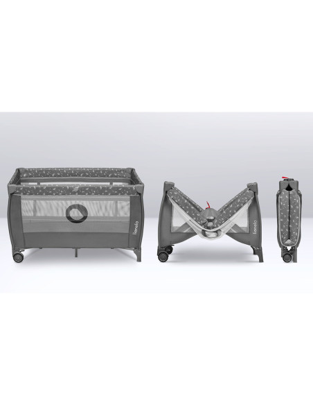 BN-LO-STEFI_PLUS_GREY_WHITE,Lionelo - Patut pliant cu doua nivele, Stefi Plus, Cu intrare laterala cu fermoar, 2 roti, 120x60 cm
