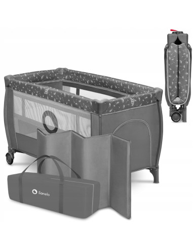 BN-LO-STEFI_PLUS_GREY_WHITE,Lionelo - Patut pliant cu doua nivele, Stefi Plus, Cu intrare laterala cu fermoar, 2 roti, 120x60 cm